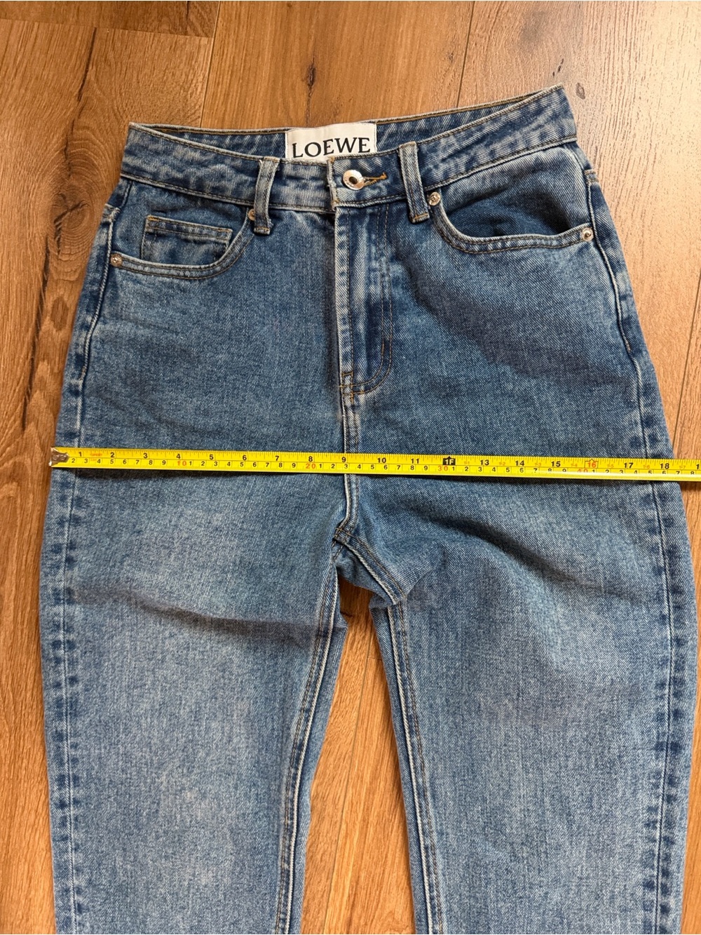 Loewe Medium Blue Straight-Leg Jeans with Tan Leather Patch - Picture 4 of 16
